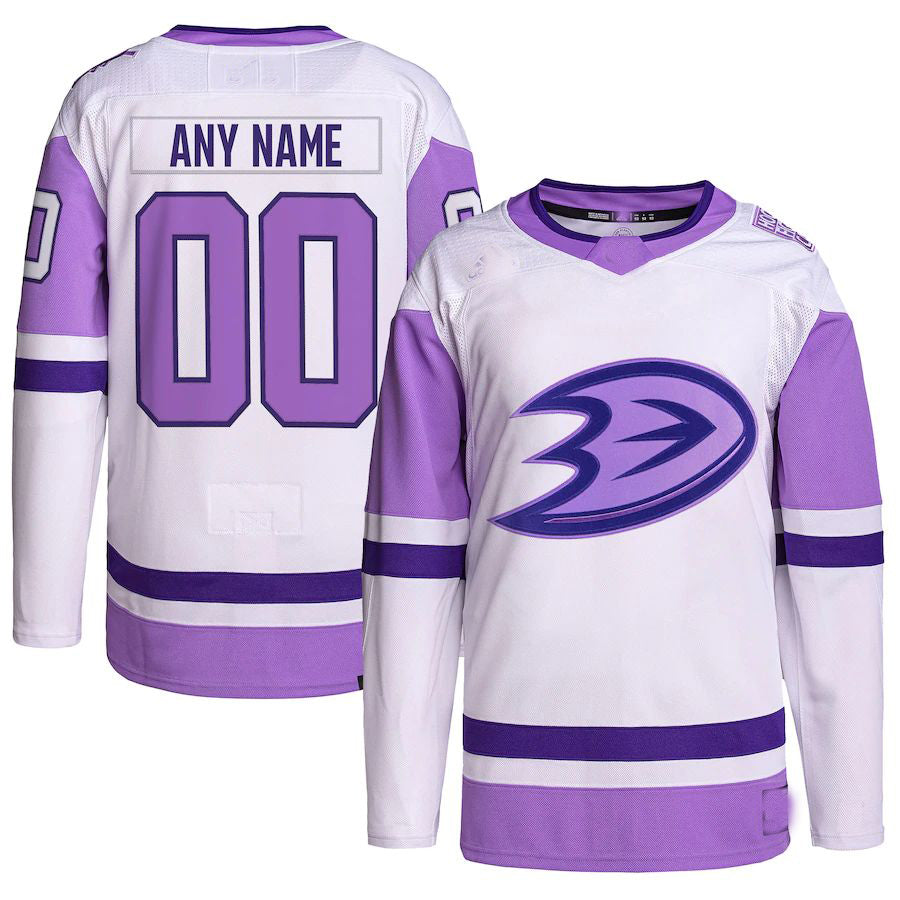 Custom A.Ducks Fights Cancer Primegreen Authentic White/Purple Stitched American Hockey Jerseys CROVYIE