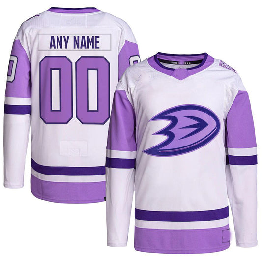 Custom A.Ducks Fights Cancer Primegreen Authentic White/Purple Stitched American Hockey Jerseys CROVYIE