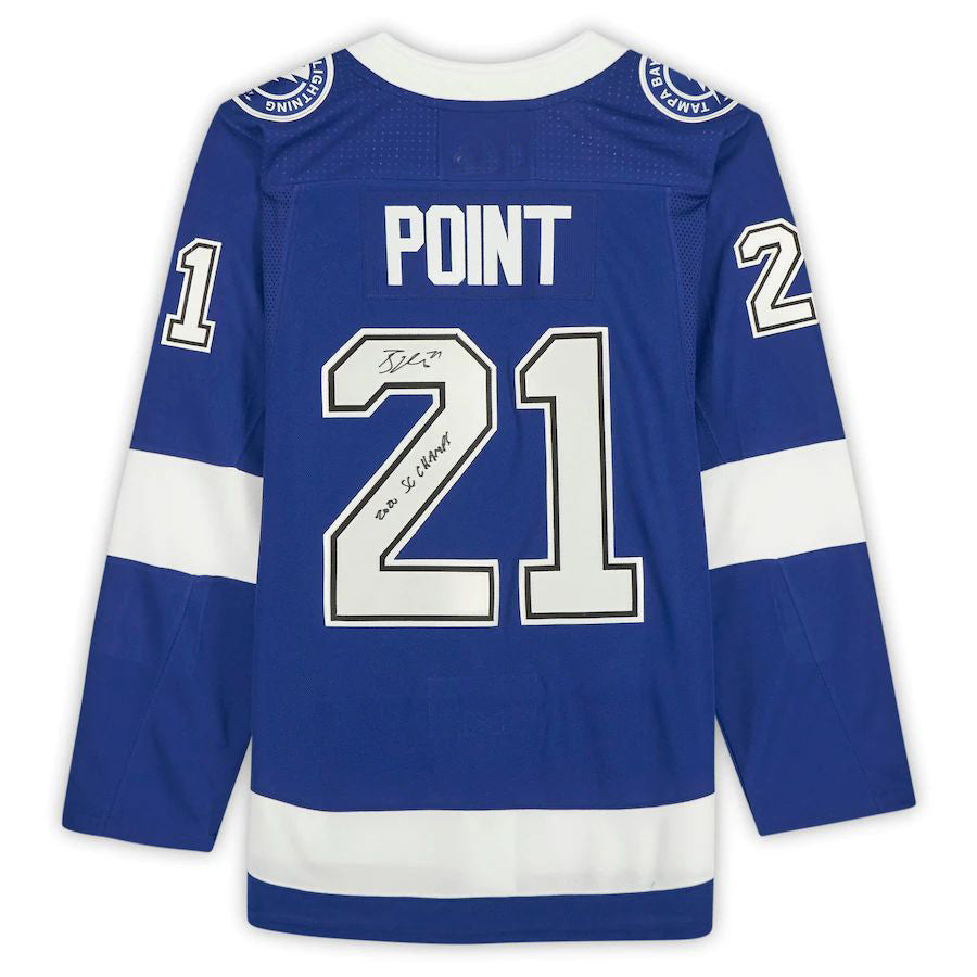 TB.Lightning #21 Brayden Point Fanatics Authentic Autographed with 2020 SC Champs Inscription Blue Stitched American Hockey Jerseys CROVYIE