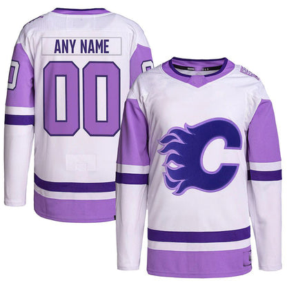 Custom C.Flames Hockey Fights Cancer Primegreen Authentic Jersey White Purple Stitched American Hockey Jerseys CROVYIE