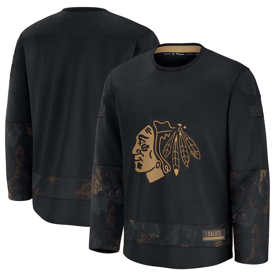 C.Blackhawks Fanatics 2024 Military Appreciation Practice Jersey - Black Stitched American Hockey Jerseys CROVYIE