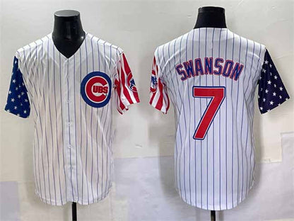 Chicago Cubs #7 Dansby Swanson White Pinstripe 2025 Independence Day Vapor Premier Limited Stitched Baseball Jersey