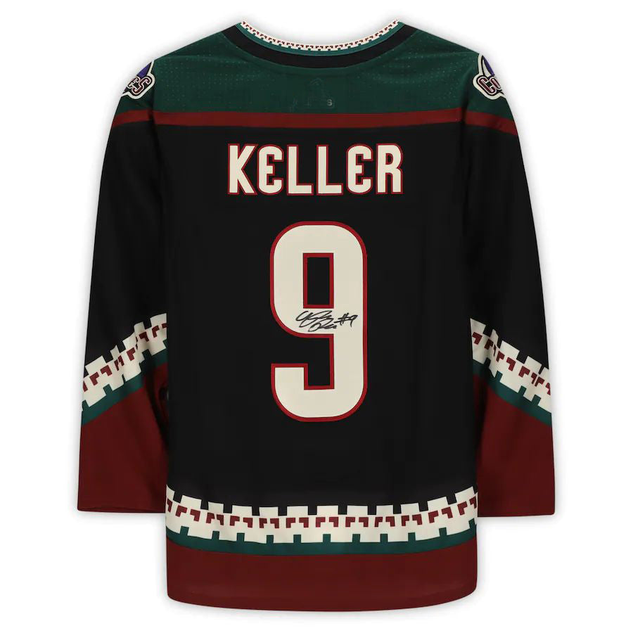 A.Coyotes #9 Clayton Keller Fanatics Authentic Autographed Kachina Alternate Jersey with 25th Anniversary Season Patch Black Stitched American Hockey Jerseys CROVYIE