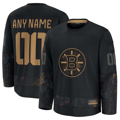Custom B.Bruins Fanatics 2024 Military Appreciation Personalized Long Sleeve Practice Jersey - Black Stitched American Hockey Jerseys CROVYIE