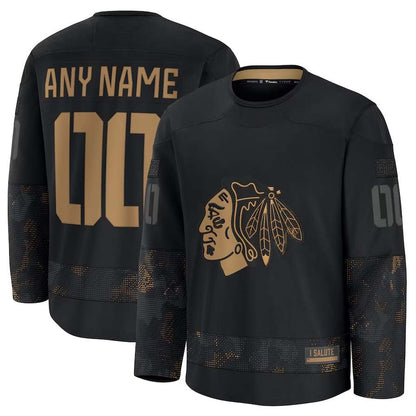 Custom C.Blackhawks Fanatics 2024 Military Appreciation Personalized Long Sleeve Practice Jersey - Black Stitched American Hockey Jerseys CROVYIE