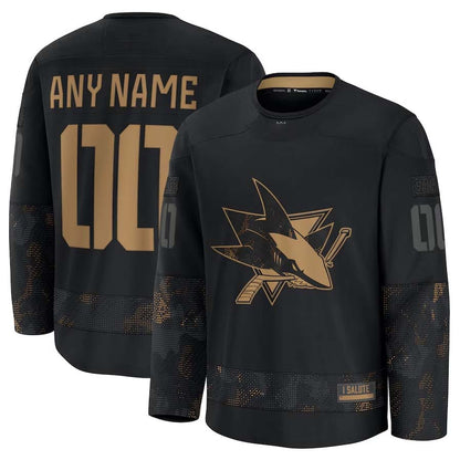 Custom SJ.Sharks Fanatics 2024 Military Appreciation Personalized Long Sleeve Practice Jersey - Black Stitched American Hockey Jerseys CROVYIE