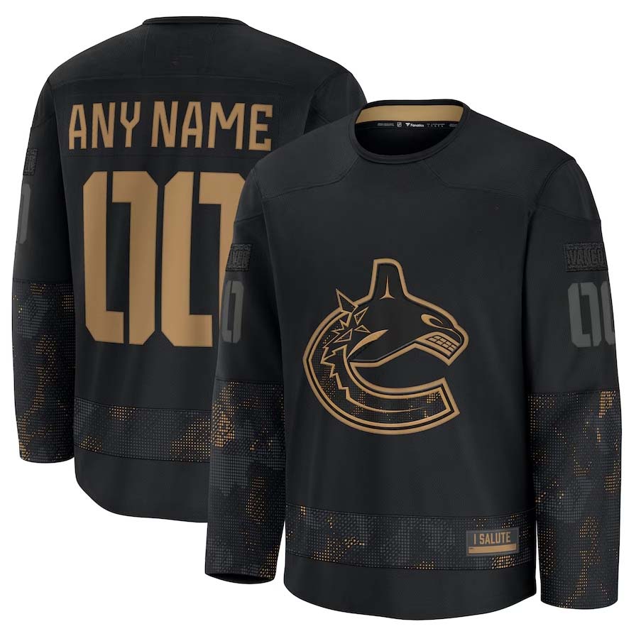 Custom V.Canucks Fanatics 2024 Military Appreciation Personalized Long Sleeve Practice Jersey - Black Stitched American Hockey Jerseys CROVYIE