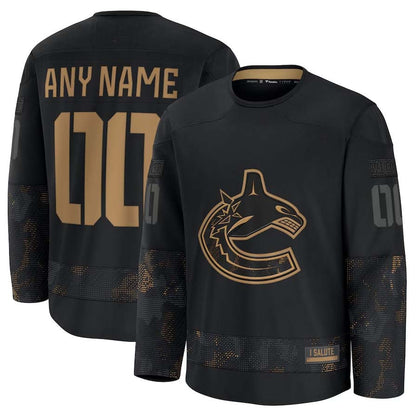 Custom V.Canucks Fanatics 2024 Military Appreciation Personalized Long Sleeve Practice Jersey - Black Stitched American Hockey Jerseys CROVYIE