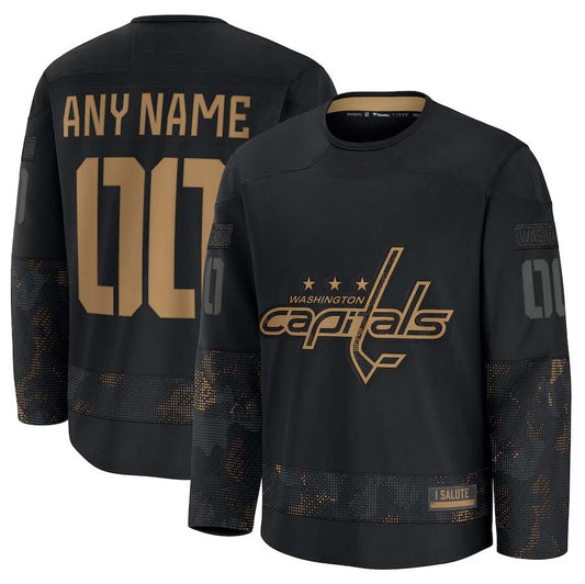 Custom W.Capitals Fanatics 2024 Military Appreciation Personalized Long Sleeve Practice Jersey - Black Stitched American Hockey Jerseys CROVYIE