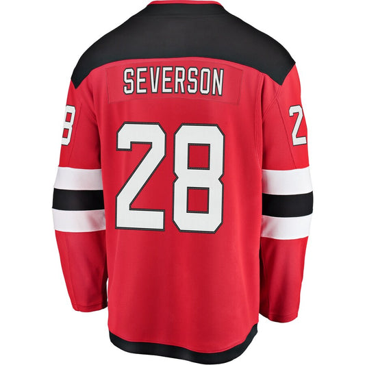 NJ.Devils #28 Damon Severson Fanatics Branded Home Breakaway Player Jersey Red Stitched American Hockey Jerseys CROVYIE