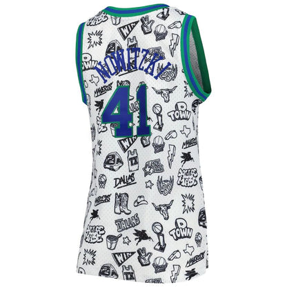 D.Mavericks #41 Dirk Nowitzki Mitchell & Ness Women's 1998 Doodle Swingman Jersey White Stitched American Basketball Jersey