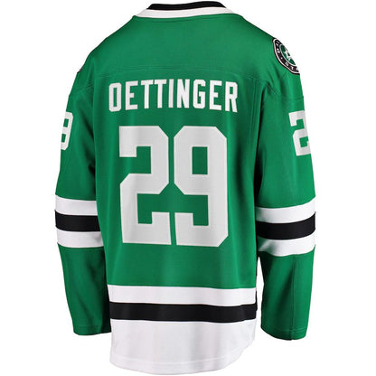 D.Stars #29 Jake Oettinger Fanatics Branded Home Breakaway Player Jersey Kelly Green Stitched American Hockey Jerseys CROVYIE