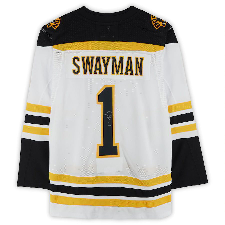 B.Bruins #1 Jeremy Swayman Fanatics Authentic Autographed Authentic Jersey White Black Stitched American Hockey Jerseys CROVYIE