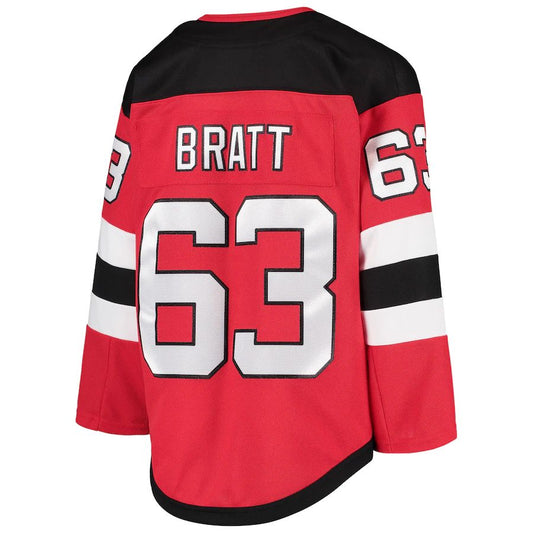 NJ.Devils #63 Jesper Bratt Home Premier Player Jersey Red Stitched American Hockey Jerseys CROVYIE
