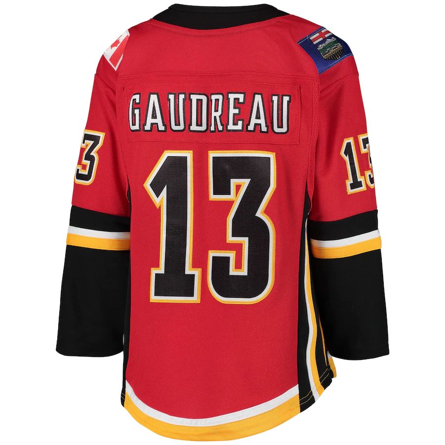 C.Flames #13 Johnny Gaudreau 2020-21 Alternate Premier Player Jersey Red Stitched American Hockey Jerseys CROVYIE