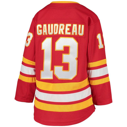 C.Flames #13 Johnny Gaudreau 2020-21 Home Premier Player Jersey Red Stitched American Hockey Jerseys CROVYIE