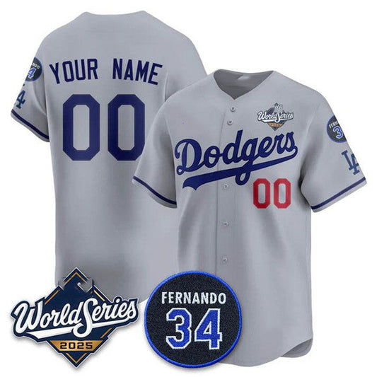 Custom Los Angeles Dodgers ACTIVE PLAYER Gray 2025 World Series With No. 34 Patch Limited Stitched Baseball Jersey