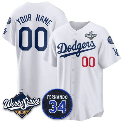 Custom Los Angeles Dodgers ACTIVE PLAYER White 2025 World Series With No. 34 Patch Limited Stitched Baseball Jersey