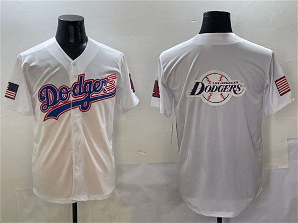 Los Angeles Dodgers Team Big Logo White With American Flag Patch Limited Stitched Baseball Jersey