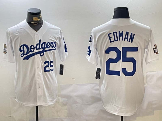 Los Angeles Dodgers #25 Tommy Edman White 2024 World Series With Fernando Memorial Patch Home Limited Stitched Baseball Jersey