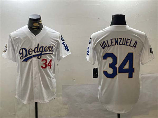 Los Angeles Dodgers #34 Toro Valenzuela White Gold 2024 World Series With Fernando Memorial Patch Home Limited Stitched Baseball Jersey
