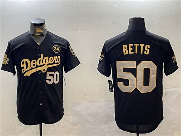 Los Angeles Dodgers #50 Mookie Betts Black Gold 2024 World Series With No. 34 Patch Limited Stitched Baseball Jersey