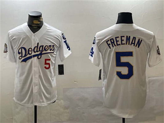 Los Angeles Dodgers #5 Freddie Freeman White Gold 2024 World Series With Fernando Memorial Patch Home Limited Stitched Baseball Jersey