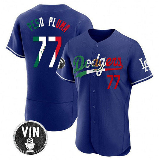Los Angeles Dodgers #77 Pezo Pluma Royal Mexico Special Vin Scully Patch Flex Base Stitched Baseball Jersey