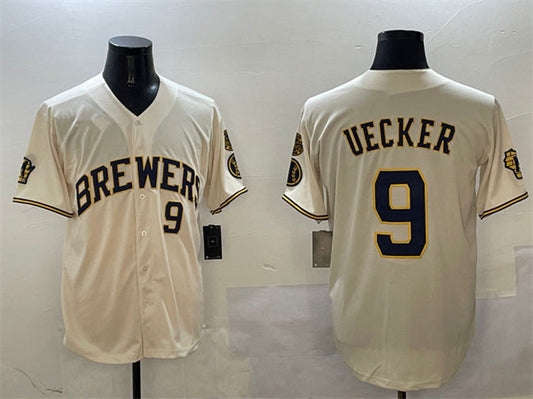 Milwaukee Brewers #9 Bob Uecker Cream With Home Patch Limited Stitched Baseball Jersey
