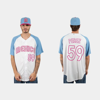 #59 OLIVER PEREZ MEXICO BASEBALL 2023 WORLD BASEBALL CLASSIC JERSEY ¨C WHITE BLUE Stitches Baseball Jerseys