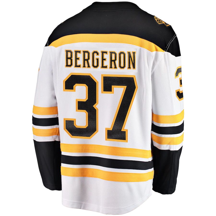 B.Bruins #37 Patrice Bergeron Fanatics Branded Away Captain Premier Breakaway Player Jersey White Black Stitched American Hockey Jerseys CROVYIE