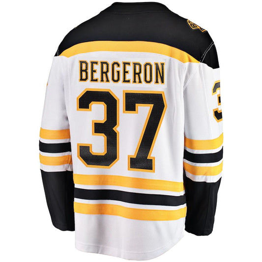 B.Bruins #37 Patrice Bergeron Fanatics Branded Away Captain Premier Breakaway Player Jersey White Black Stitched American Hockey Jerseys CROVYIE