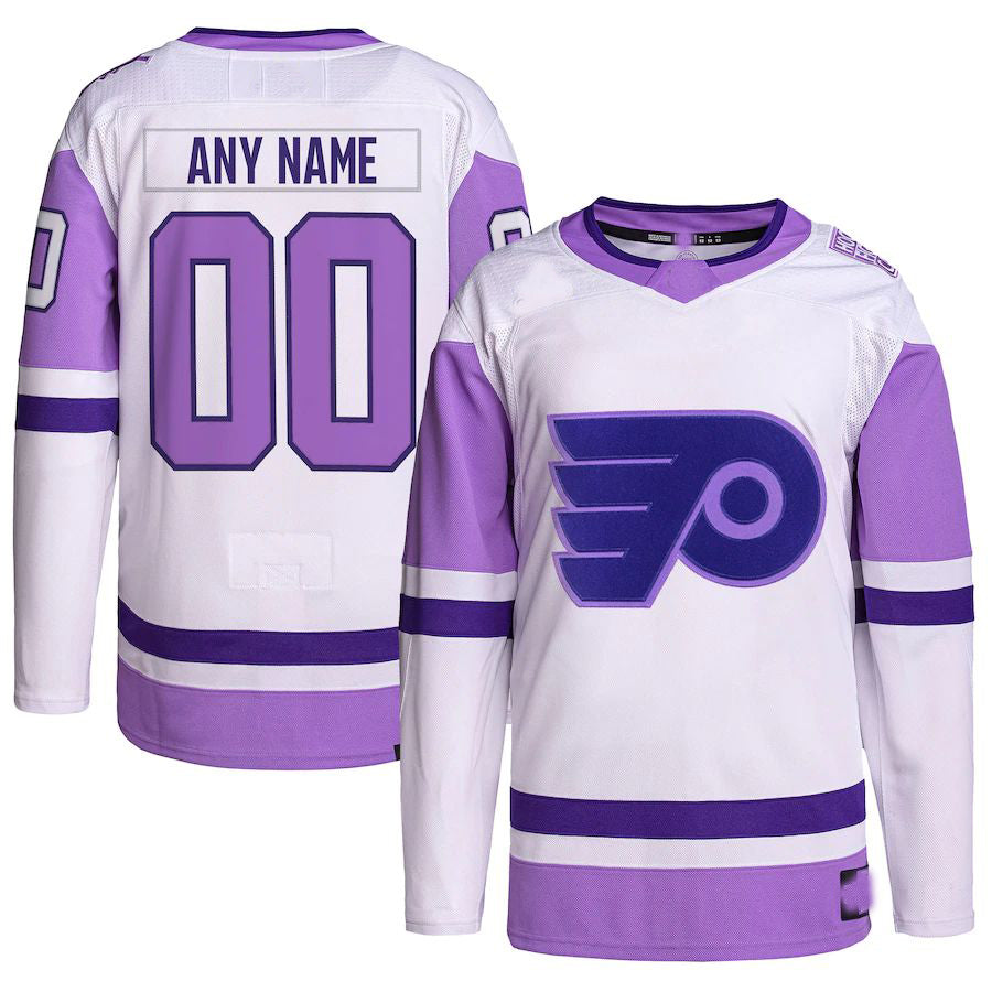 Custom P.Flyers Hockey Fights Cancer Primegreen Authentic Jersey White-Purple Stitched American Hockey Jerseys CROVYIE