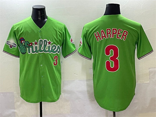 Philadelphia Phillies #3 Bryce Harper Light Green Phanatic With 2024 Division Champions Patch Limited Stitched Baseball Jersey