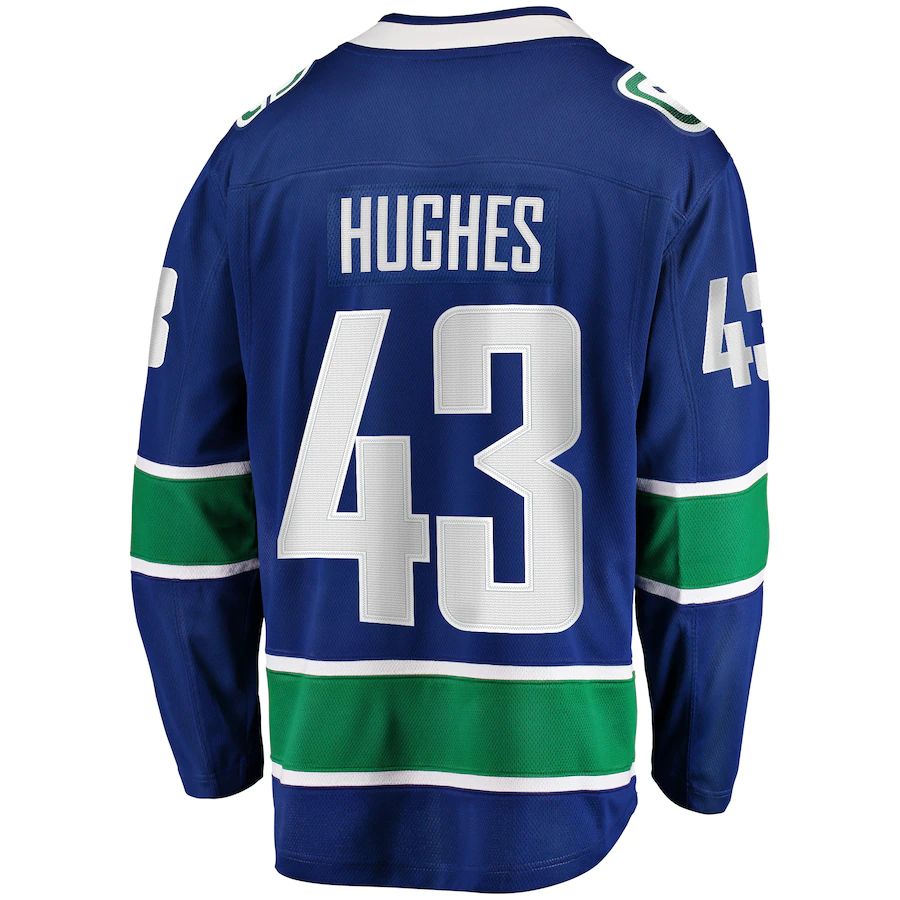 V.Canucks #43 Quinn Hughes Fanatics Branded Home Premier Breakaway Player Jersey Blue Stitched American Hockey Jerseys CROVYIE
