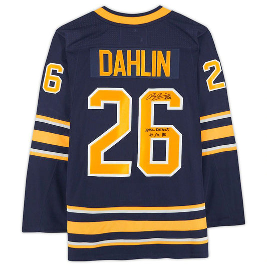 B.Sabres #26 Rasmus Dahlin Fanatics Authentic Autographed Jersey with Debut 10-4-18 Inscription Navy Stitched American Hockey Jerseys CROVYIE