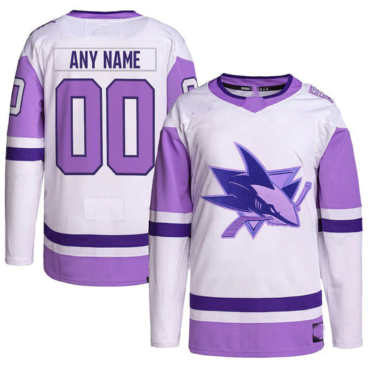 Custom SJ.Sharks Hockey Fights Cancer Primegreen Authentic Jersey White Purple Stitched American Hockey Jerseys CROVYIE