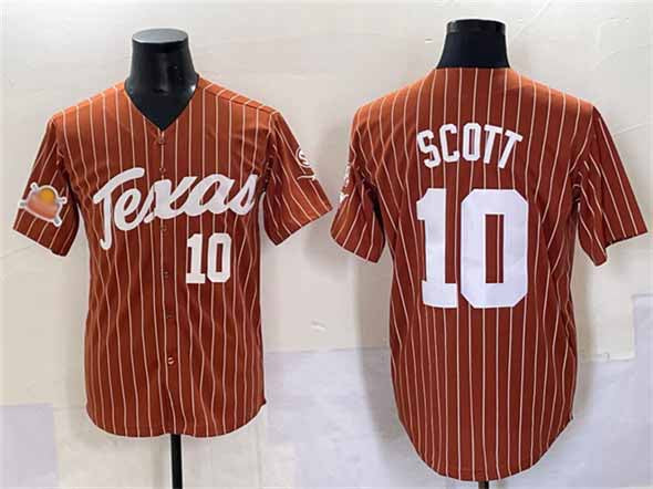 T.Longhorns #10 Mia Scott Orange Pinstripe 2025 Softball National Champions Stitched American College Jerseys