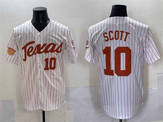 T.Longhorns #10 Mia Scott White Pinstripe 2025 Softball National Champions Stitched American College Jerseys