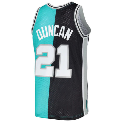 S.Antonio Spurs #21 Tim Duncan Mitchell & Ness Hardwood Classics 1998-99 Split Swingman Jersey Black-Teal Stitched American Basketball Jersey