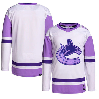 V.Canucks Hockey Fights Cancer Primegreen Authentic Blank Practice Jersey White Purple Stitched American Hockey Jerseys CROVYIE