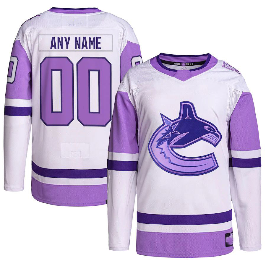 Custom V.Canucks Hockey Fights Cancer Primegreen Authentic Jersey White Purple Stitched American Hockey Jerseys CROVYIE